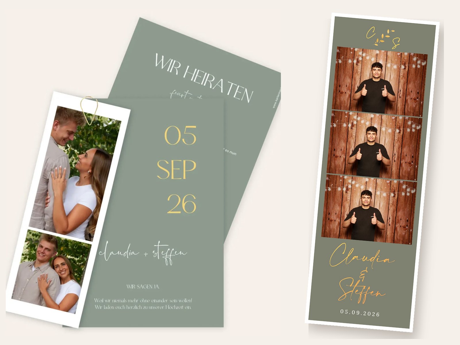 Trouwkaart in saliegroen en goud naast de bijpassende fotostrip met de namen van het bruidspaar
