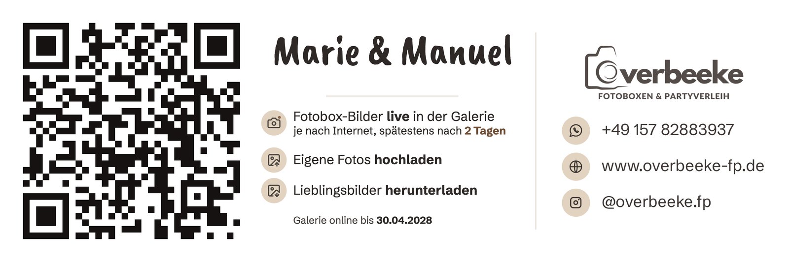 QR-Infostreifen für Gäste: Code scannen und Lieblingsbilder herunterladen, mit Kontaktdaten von Overbeeke