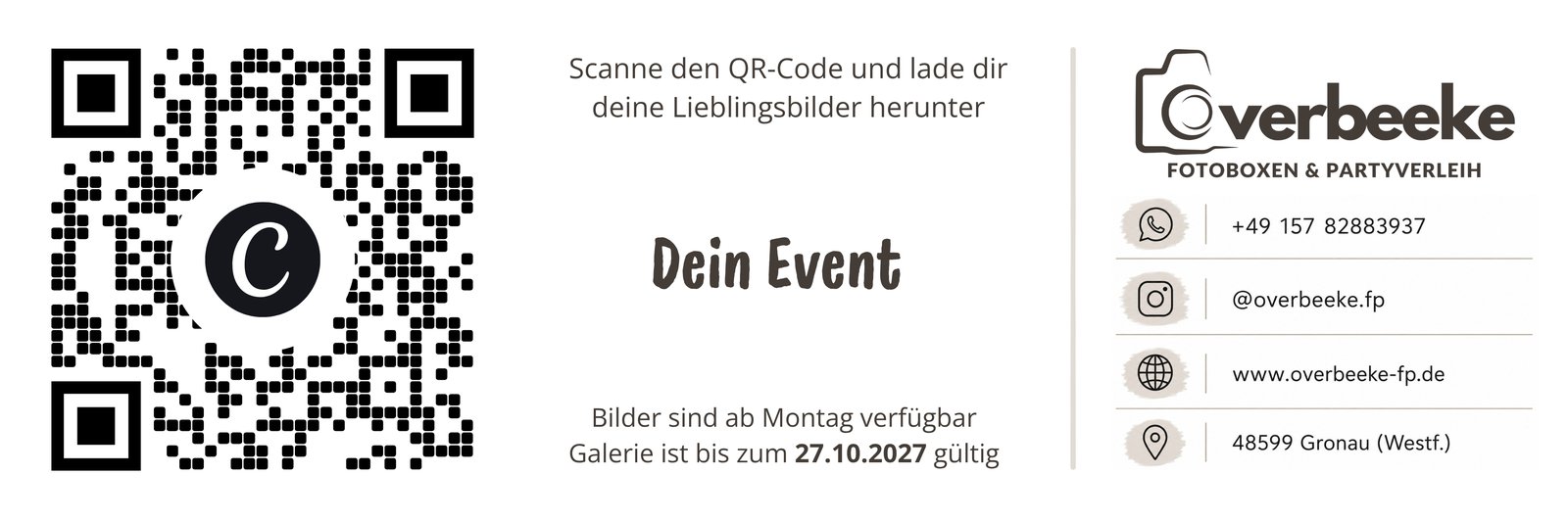 QR-infostrip voor gasten: code scannen en favoriete foto’s downloaden, met contactgegevens van Overbeeke
