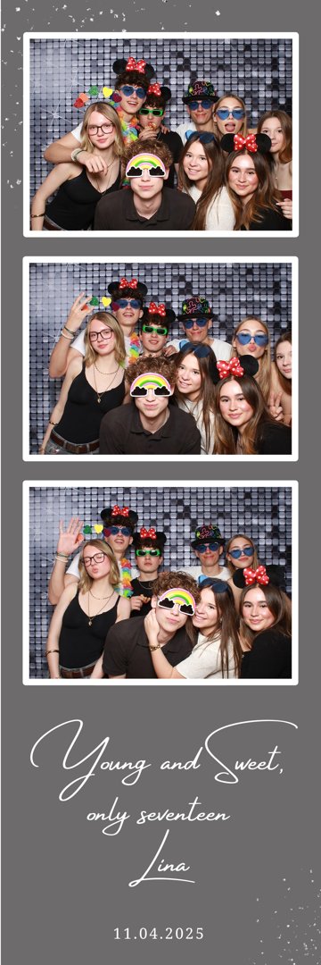 Fotostrip van een 17e verjaardag met drie groepsfoto’s en de tekst Young and Sweet, only seventeen